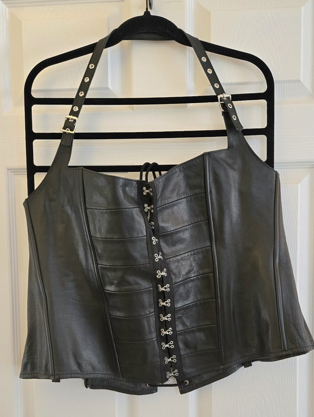 Black Leather Hook-and-Eye Halter Corset Top